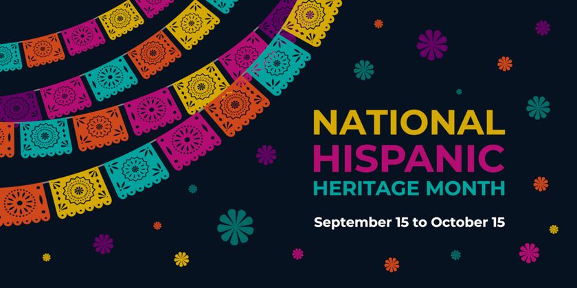 Hispanic heritage month greeting with national Hispanic heritage month text, Papel Picado pattern, perforated paper on black background.