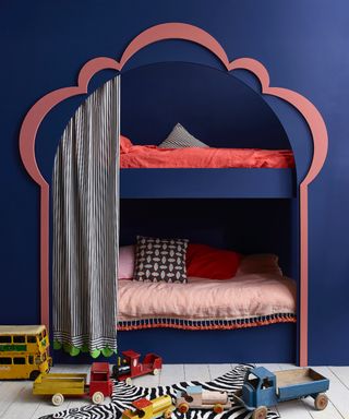 how to make a bedroom darker, kids bunk beds with blue shaped panel, coral bedding, black and white curtain, toys