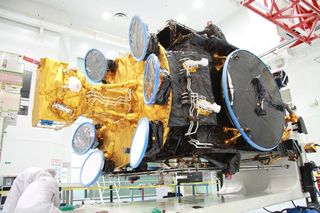 The Athena-Fidus dual broadband telecommunications satellite built by Thales Alenia Space for France and Italy is seen here before its Feb. 6, 2014 launch aboard a European Ariane 5 rocket from Guiana Space Center in Kourou, French Guiana.