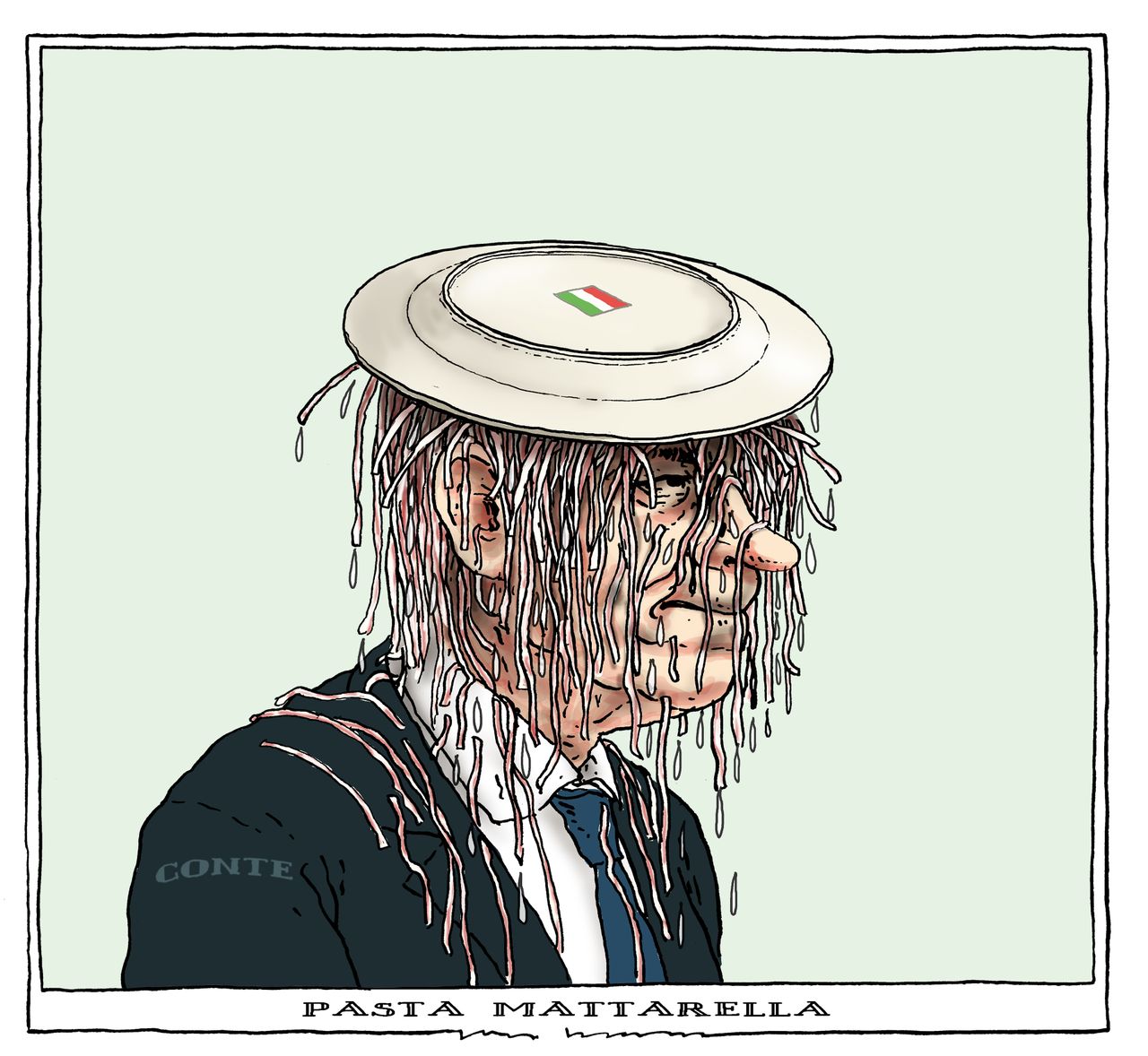 Political cartoon World Italy pasta Mattarella Conte government Five Star Movement