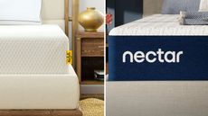 On the left, the Nolah Original Mattress on a bed; on the right, the Nectar Memory Foam Mattress on a bed.