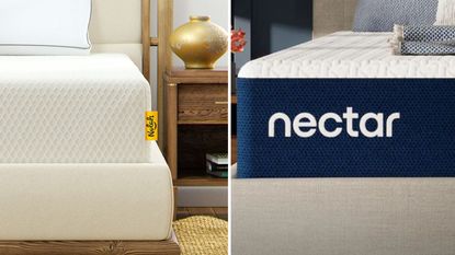 On the left, the Nolah Original Mattress on a bed; on the right, the Nectar Memory Foam Mattress on a bed.