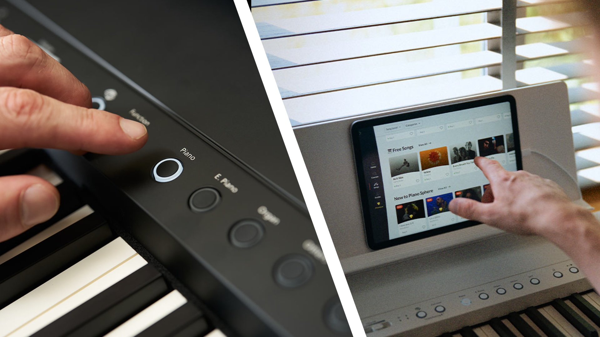 A close-up of the Piano button on the Roland FP-40 and someone using Piano Sphere on a tablet