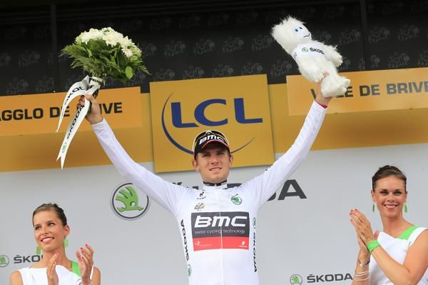 Tejay Van Garderen (BMC) wears the white jersey after stage 18