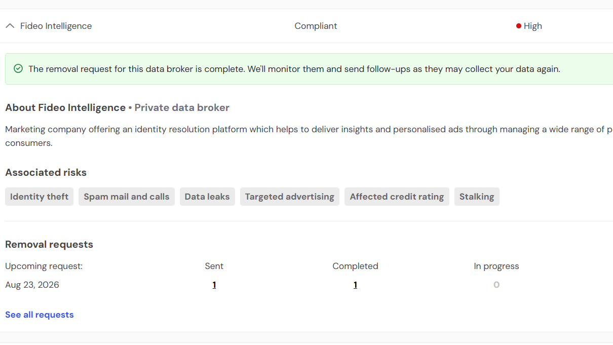 A data broker overview screen from Incogni.