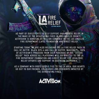 Activision message explaining the LA Fire Relief bundle and its donation of $1 million to the LA Fire Department.