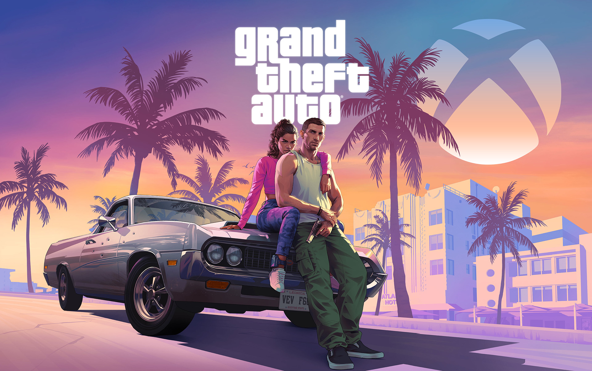 GTA 6 art with Xbox logo in the background