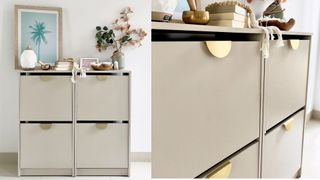 Warm neutral painted cabinet with gold half-moon handles