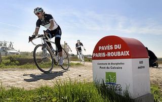 Defending champion Fabian Cancellara (Leopard Trek) rides sectors of Paris-Roubaix cobbles.
