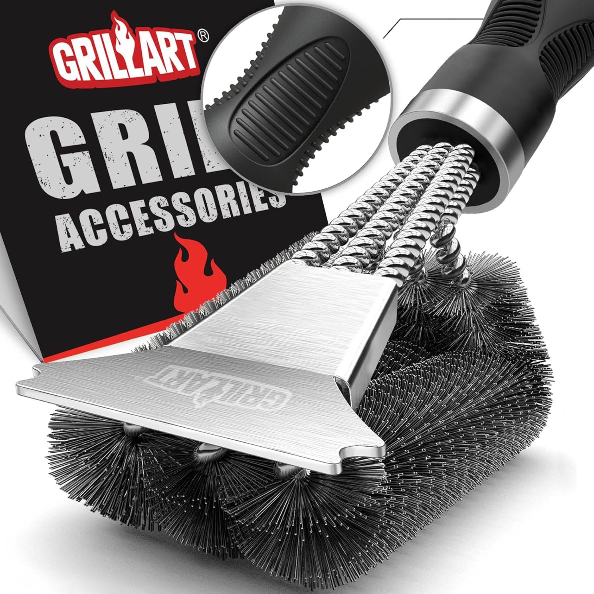 A silver heavy-duty grill cleaning brush