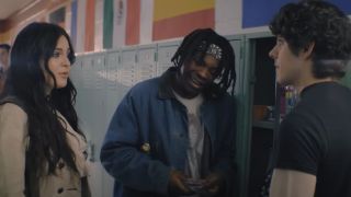 Chiara Aurelia, Kezii Curtis, and Emjay Anthony gathered around their lockers in Hysteria!