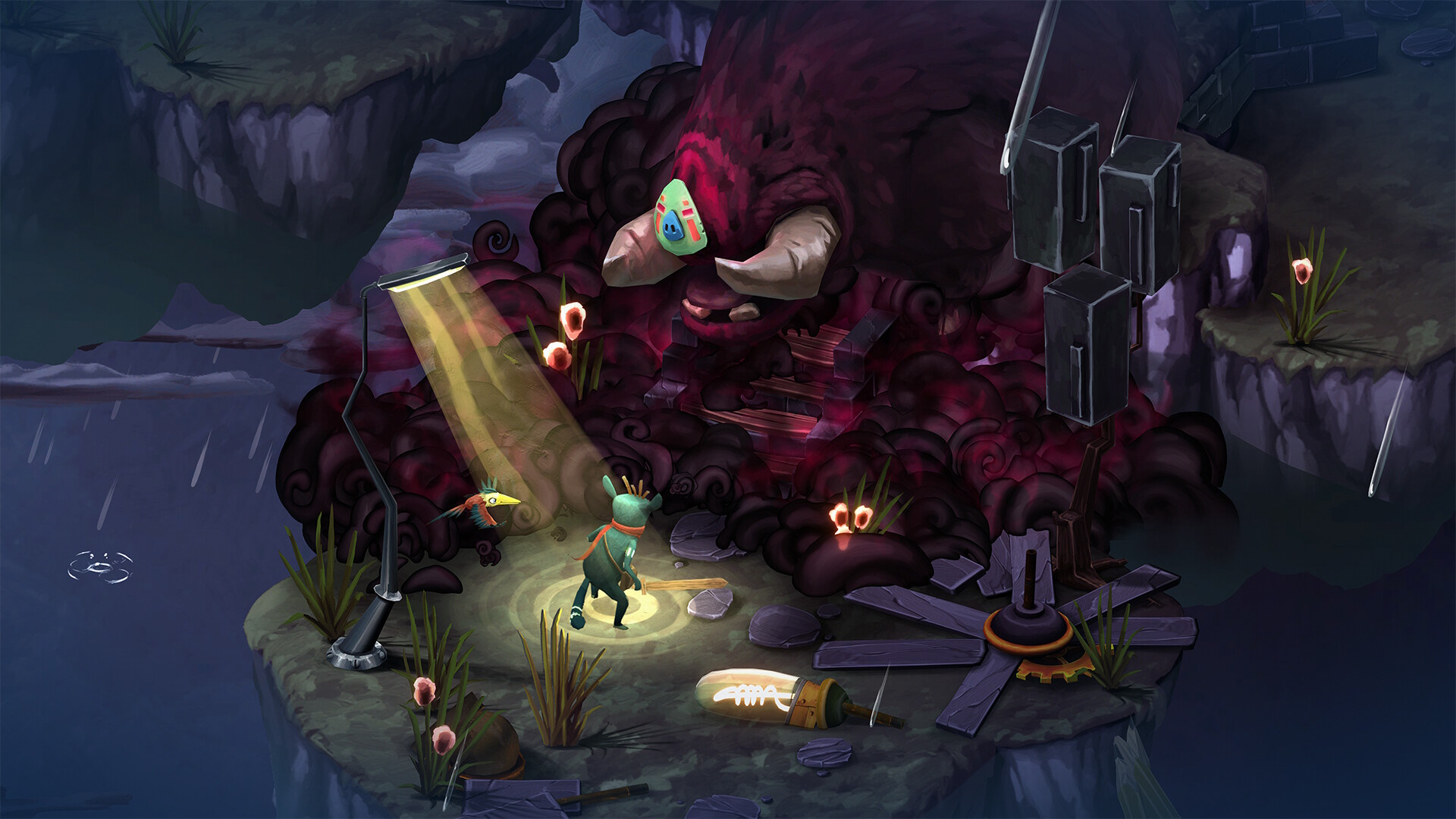 Figment 2 - a character under a spotlight confronts a large looming creature