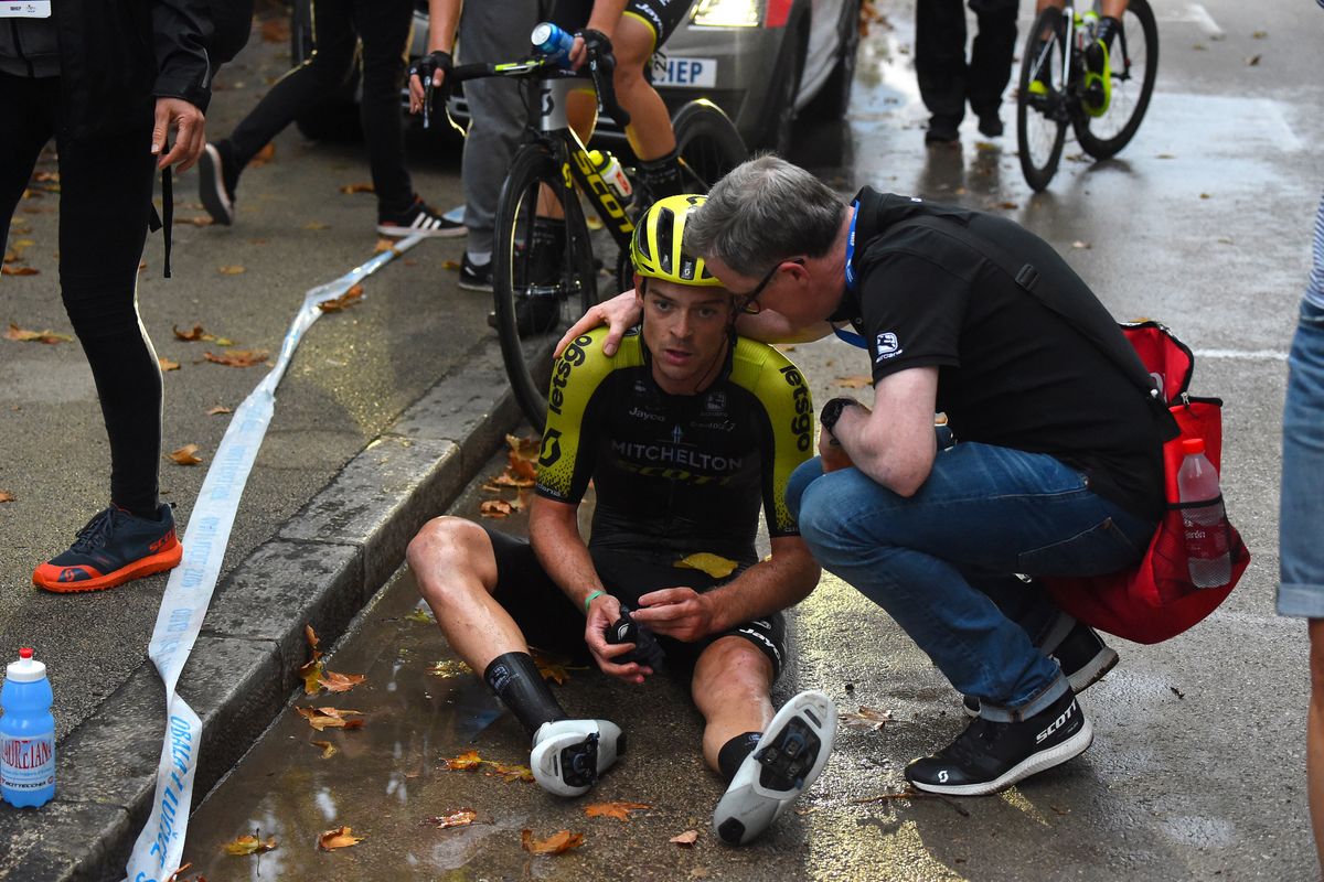 Edmondson on the ground after his post-stage crash