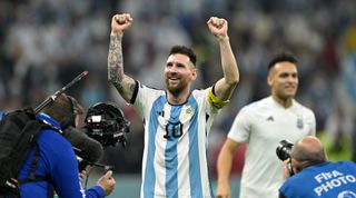Argentina captain Lionel Messi celebrates after Argentina beat Croatia 3-0 in the semi-finals of the FIFA World Cup 2022 at Lusail Stadium in Lusail, Qatar on 13 December, 2022.