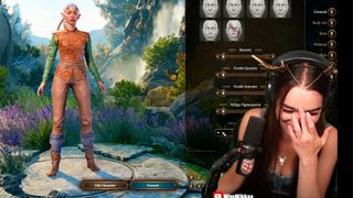 Twitch streamer MissMikaa in Baldur's Gate 3's character creation with her face in her hands 