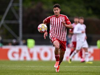 Charalampos Kostoulas of Olympiacos during the UEFA Youth League 2023/24 Final match between Olympiacos and AC Milan at Centre Sportif de Colovray on April 22, 2024 in Nyon, Switzerland