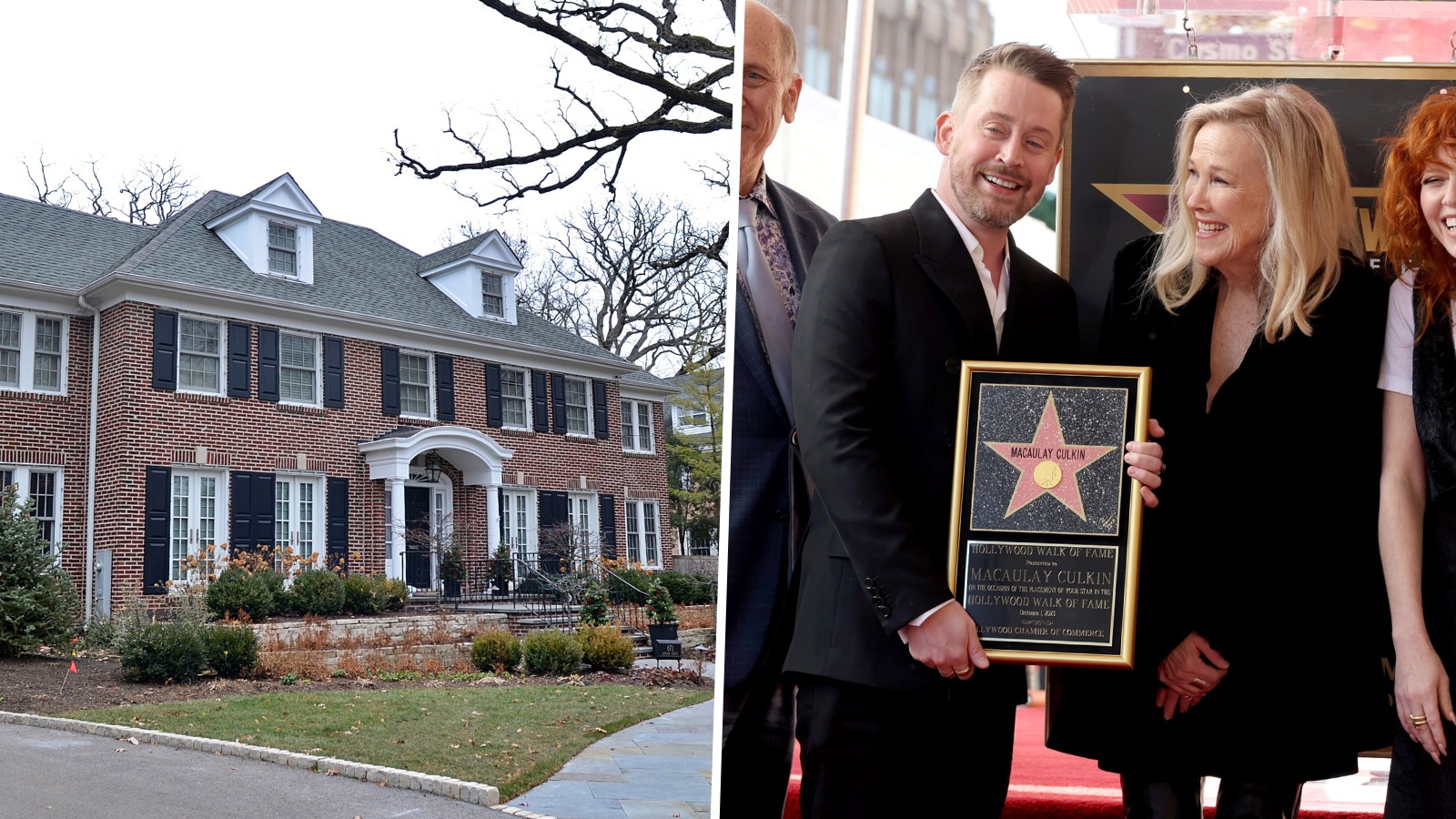 On the left, the Home Alone house; on the right, Macaulay Culkin and Catherine O'Hara