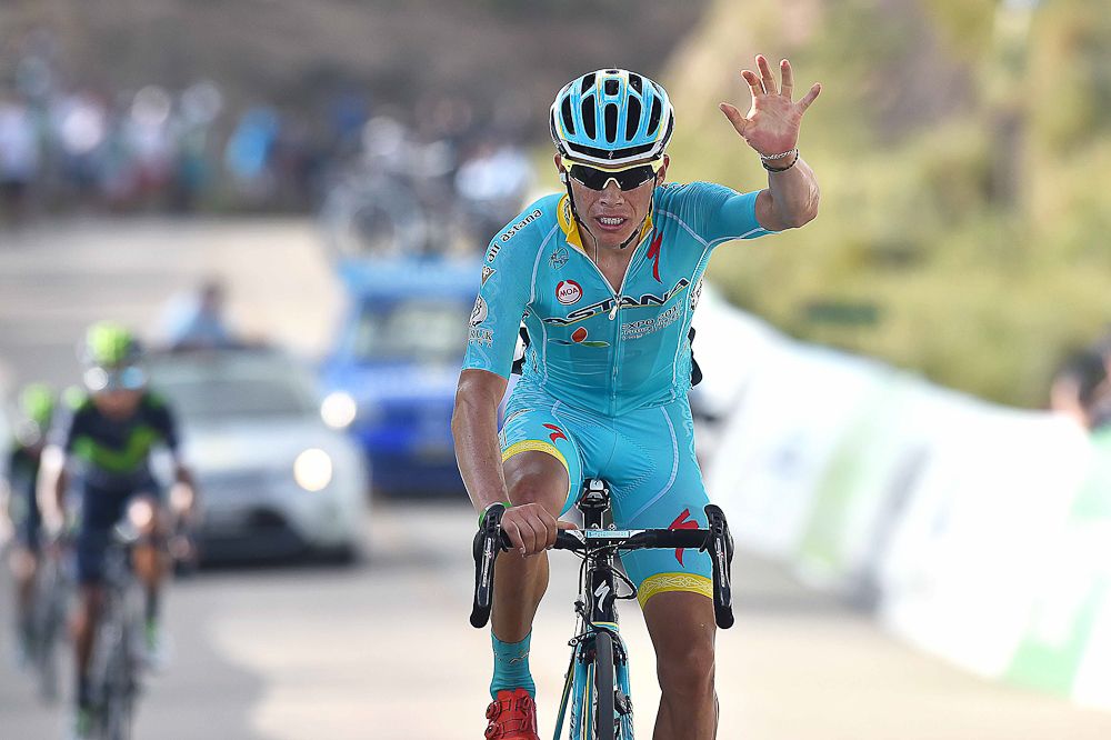 Miguel A. Lopez crosses the finish line to win stage 6 at the Tour de San Luis