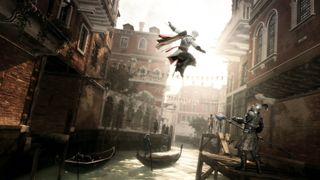 A player jumping over a small river in Italy during Assassin's Creed 2.