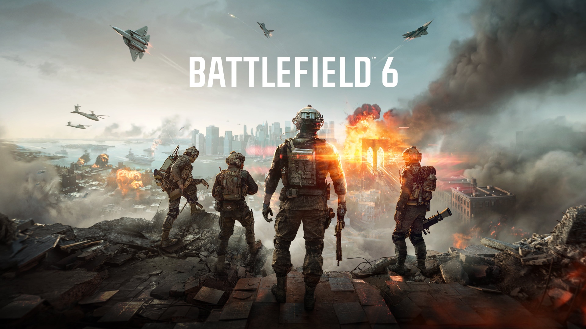 Four soldiers standing over a destroyed city with Battlefield 6 above their heads 