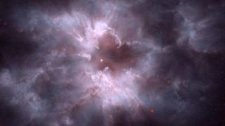 Glowing balls of purplish whitish gas are seen in the darkness of space around a white dwarf cocoon