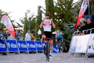 ALCALA LA REAL SPAIN FEBRUARY 17 Alessandro Covi of Italy and UAE Team Emirates celebrates at finish line as stage winner during the 68th Vuelta A Andalucia Ruta Del Sol 2022 Stage 2 a 1506km stage from Archidona to Alcal La Real 982m 68RdS on February 17 2022 in Alcala la Real Spain Photo by Bas CzerwinskiGetty Images