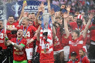 Spartak Moscow players celebrate after beating Dynamo Moscow to win the Russian Cup in May 2022.
