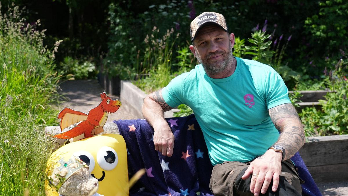 Tom Hardy pictured in his Garden for CBeebies Bedtime Stories.