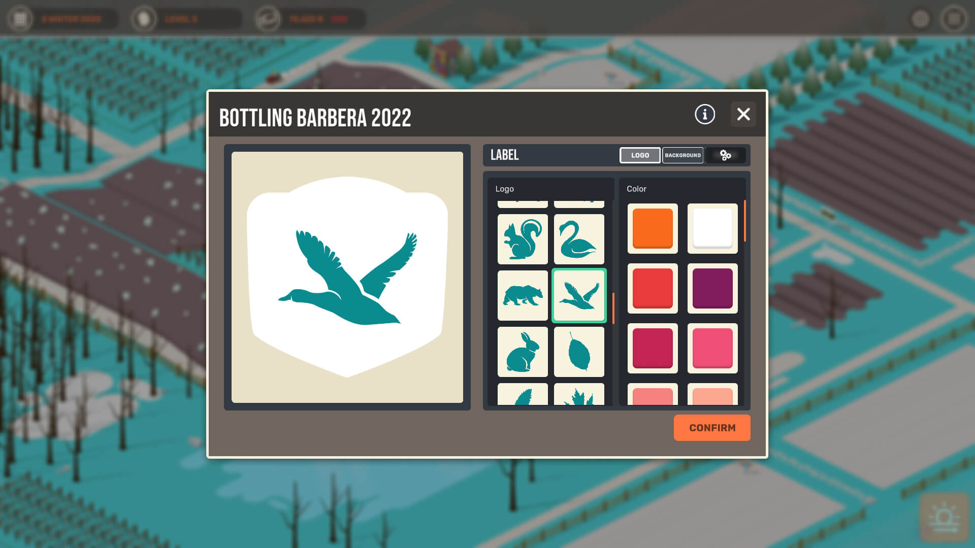 Free Epic Store Games - A screenshot from Hundred Days - Winemaking Simulator, where the player is designing the label for their new Barbera 2022 wine.