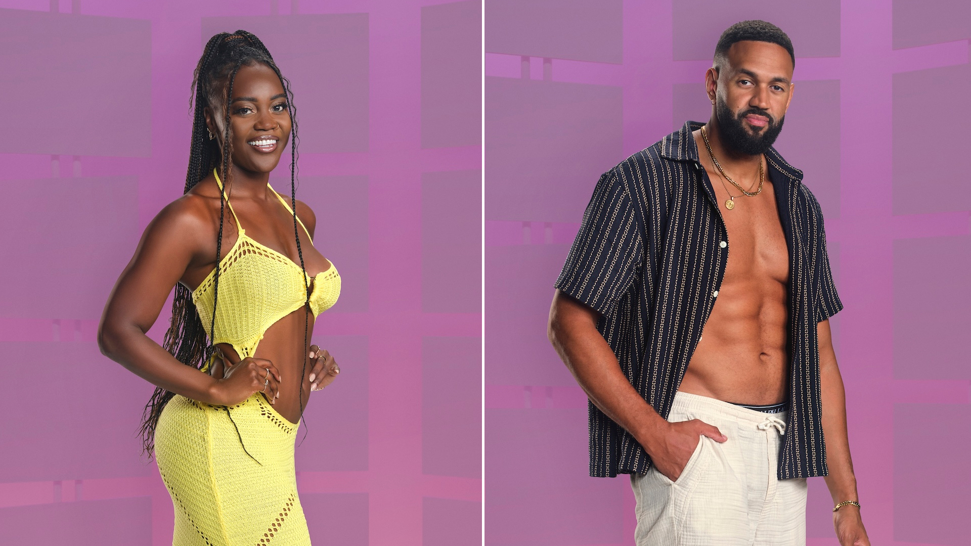 A split image of Amber "AD" Smith and Ollie Sutherland in Perfect Match Season 3.