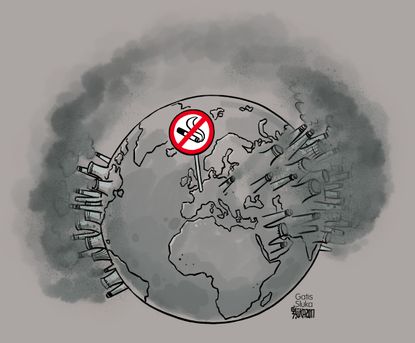 Political cartoon World climate change smoking Paris Climate Accord CO2 pollution