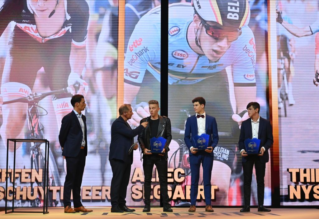 Thibau Nys Belofte Alec Segaert Junior and Steffen De Schuyteneer Nieuweling pictured during the Flandrien award ceremony for the best Belgian cyclist of the 2021 cycling season organized by newspaper Het Nieuwsblad in Puurs on Tuesday 26 October 2021BELGA PHOTO DAVID STOCKMAN Photo by DAVID STOCKMANBELGA MAGAFP via Getty Images