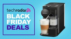 Nespresso machine on blue background with text reading "TechRadar Black Friday Deals"