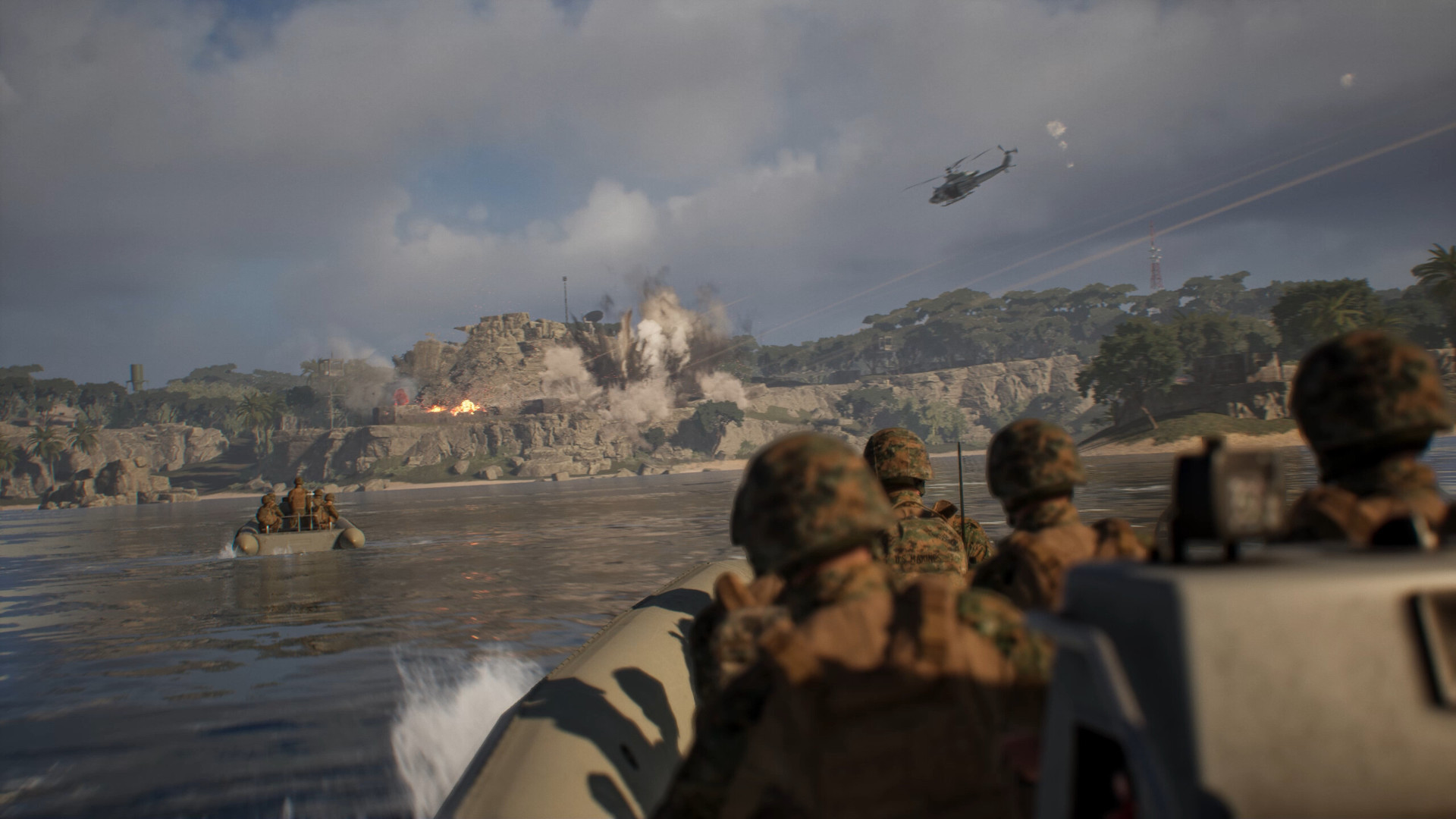 A group of soldiers in a boat during one of the best games like Battlefield, Squad.