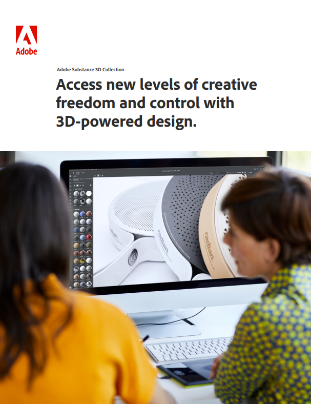 Whitepaper cover with title and image of two female colleagues in colourful shirts using a design program on a desktop to edit an image 