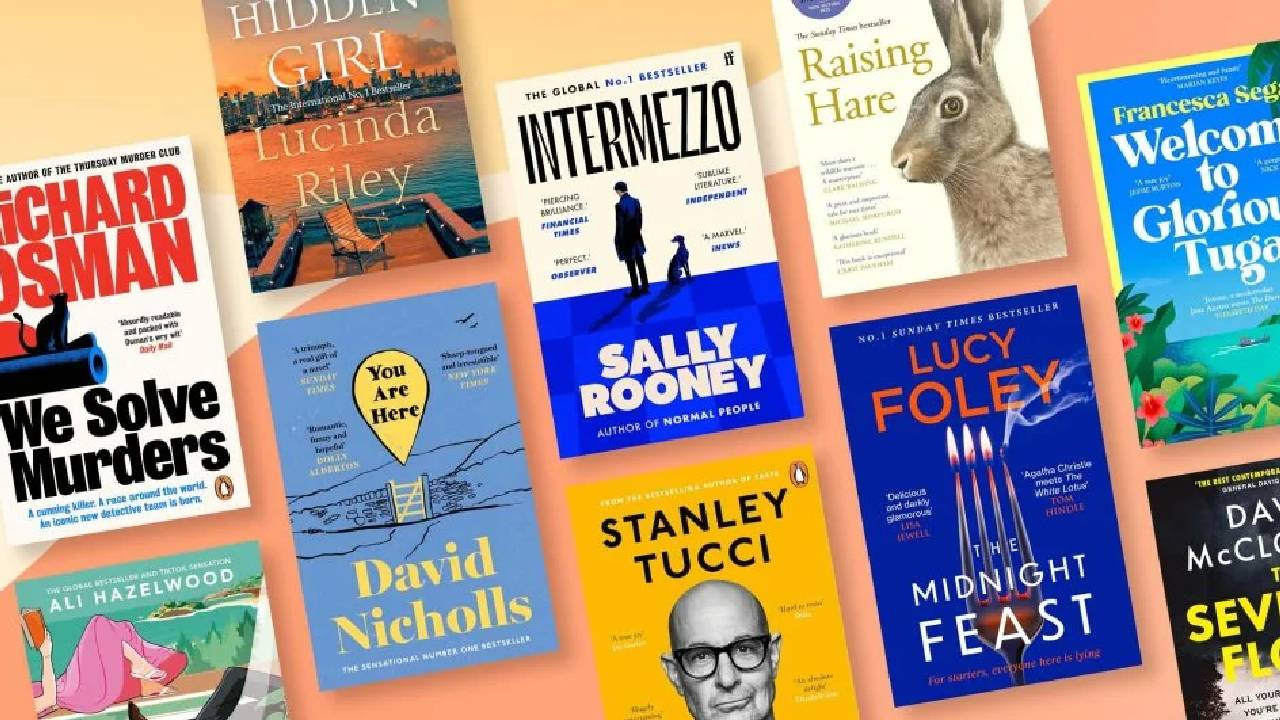 A variety of book cover graphics that are available from Waterstones, on a light orange background,