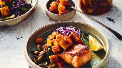 aloha pineapple kimchi and salmon in a bowl