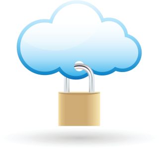 Brass padlock through cloud illustration