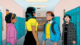 Emma, Pearl, Peter, and Nico standing in a school hallway in Your Friendly Neighborhood Spider-Man