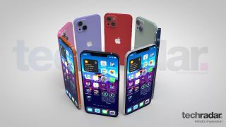 En konstnärs intryck av iPhone 13 i åtta olika färger inklusive rött, blått och orange