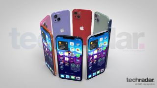 An artist&#039;s impression of the iPhone 13 in eight different colors including red, blue and orange