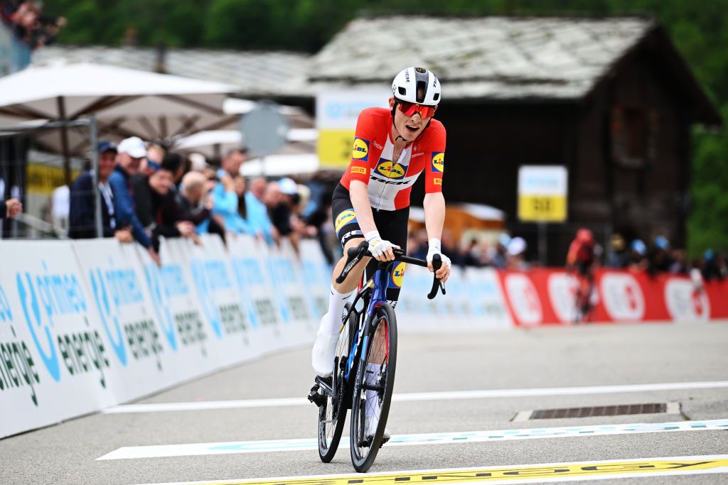BLATTEN SWITZERLAND JUNE 14 Mattias Skjelmose of Denmark and Team Lidl Trek crosses the finish line during the 87th Tour de Suisse 2024 Stage 6 a 425km stage from Ulrichen to Blatten 1330m UCIWT on June 14 2024 in Blatten Switzerland Photo by Tim de WaeleGetty Images