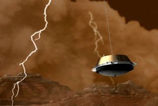 An artist's conception of the Cassini-Huygens probe descending through a lightning storm in Titan's thick nitrogen atmosphere.