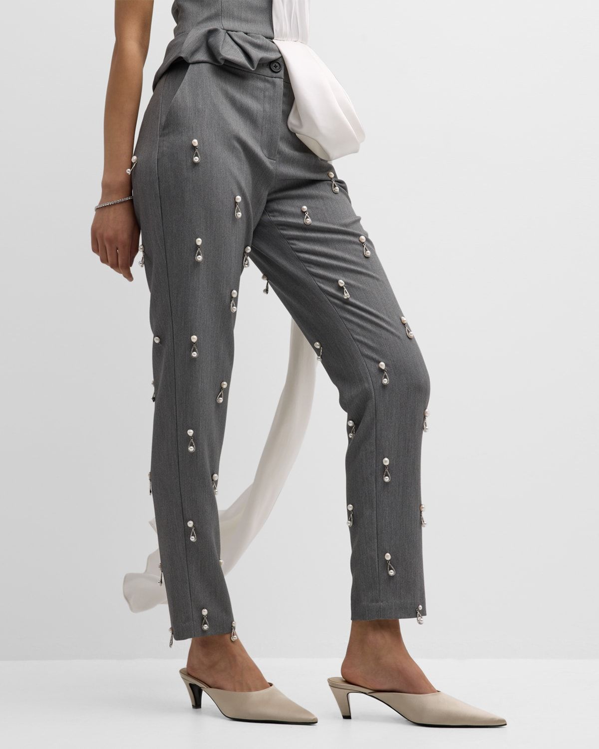 Elliott Crystal Pearlescent Embroidered Straight-Leg Ankle Pants
