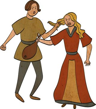 Illustration of a medieval man and woman fighting.