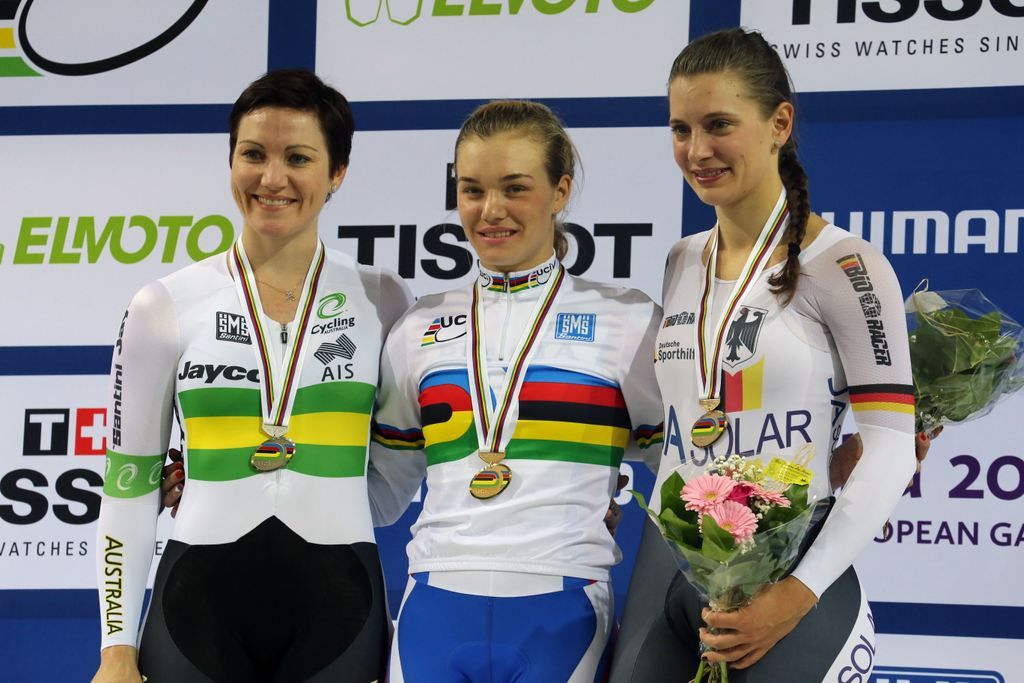 Anna Meares, Anastasia Voynova and Miriam Welte on the podium of the women's 500m time trial