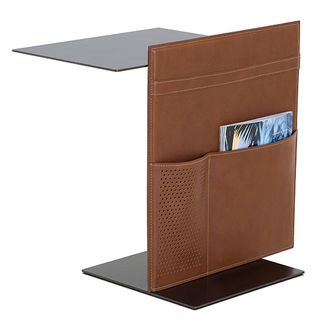 note side table brown pouch and book
