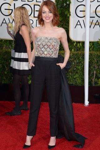 Emma Stone wears a Lanvin jumpsuit to The Golden Globes 2015