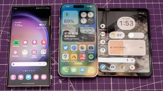 Samsung Galaxy S23 Ultra on top of iPhone 14 Pro and Google Pixel Fold