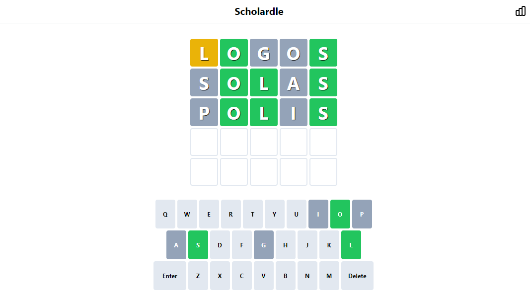 The user screen of Scholardle, showing a menu screen like Wordle&#039;s